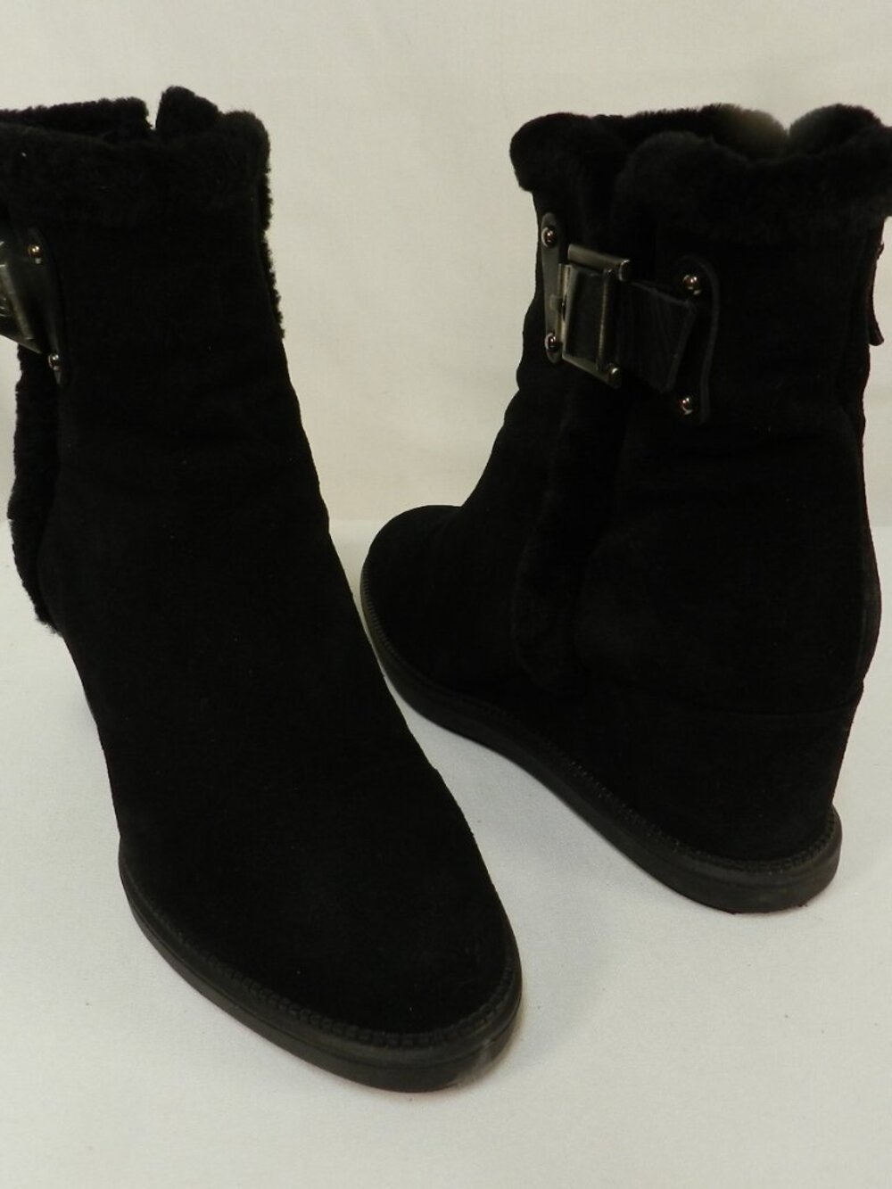 Aquatalia Suede Shearling Lined wedge boots booties black zip up Italy Size Sz 8